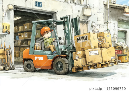 フォークリフトで荷物を運搬する作業員｜倉庫物流と出荷作業のイメージ 135096750