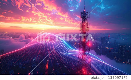 Eiffel Tower in Paris at sunset with its radio antenna reaching into the blue sky and clouds 135097173