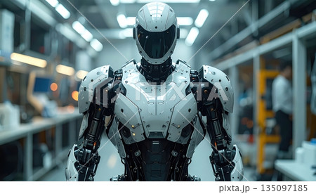 3D futuristic female cyborg warrior mannequin wearing metal armor and a helmet stands in front of a shop wall like a high-tech military robot statue 135097185