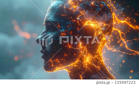 A surreal collage of a man in the fire and night featuring a nebula face and fractal brain to illustrate human consciousness and the magic of universal intelligence 135097223