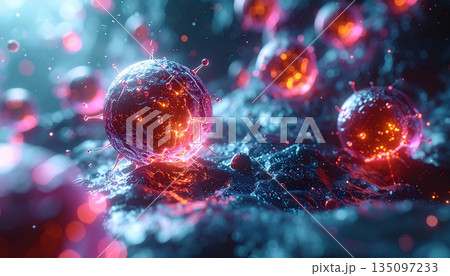 A macro close-up of a metallic spaceship and UFO flying through space like a red ladybug beetle hovering over a dark garden leaf 135097233