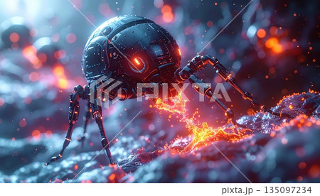A macro close-up of a metallic spaceship and UFO flying through space like a red ladybug beetle hovering over a dark garden leaf A macro close-up of a metallic spaceship and UFO flying through space like a red ladybug beetle hovering over a dark garden leaf 135097234