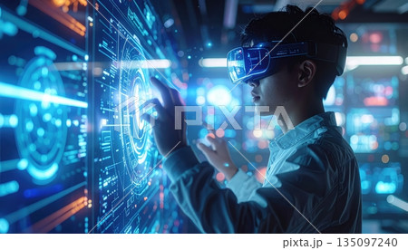 A young man listening to music as a digital DJ in action connects to a global data network using future technology and software design for a 3d communication concept A young man listening to music as a digital DJ in action connects to a global data network using future technology and software design for a 3d communication concept 135097240