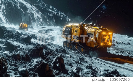 A white spaceship transport vehicle and a heavy snowplow machine driving across the cold snowy mountain road under a clear winter sky 135097260