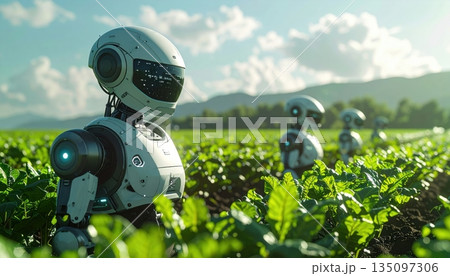 Two old steam-powered robots in the grass near a station with transportation equipment and weapons 135097306
