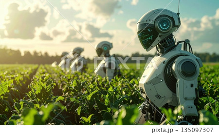 Two old steam-powered robots in the grass near a station with transportation equipment and weapons 135097307