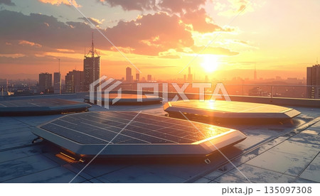 Evening sunset over the city road, sky and water landscape with fog, clouds, and a distant horizon 135097308