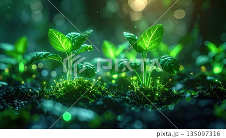 Bright green forest leaves, closeup macro of fresh nature growth on a wet tree branch in the summer rain 135097316