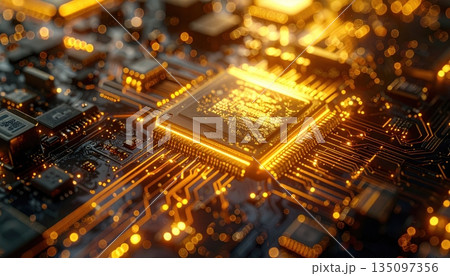 A macro shot of a green computer circuit board reveals complex electronic components and a central processor chip 135097356
