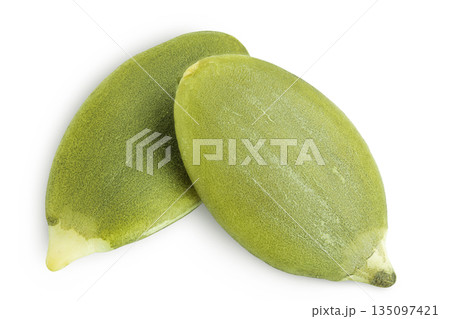 Peeled pumpkin seeds isolated on white background. Top view. Flat lay 135097421