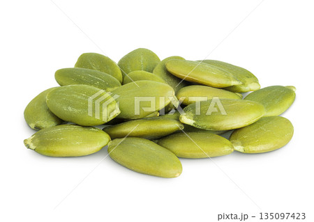 Peeled pumpkin seeds isolated on white background 135097423