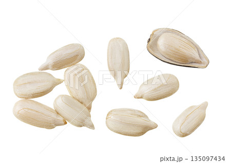 peeled sunflower seeds isolated on white background. Top view. Flat lay 135097434
