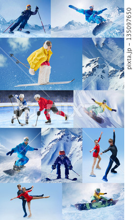Winter sports collage with 7 athletes skiing snowboarding ice skating in alpine mountains. Winter sports collage with 7 athletes skiing snowboarding ice skating in alpine mountains. 135097650