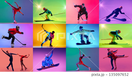 Colorful winter sports composition with 8 athletes in dynamic action on studio backgrounds. 135097652