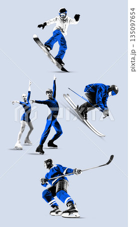 Winter sports collage with athletes in action isolated on light background. Winter sports collage with athletes in action isolated on light background. 135097654