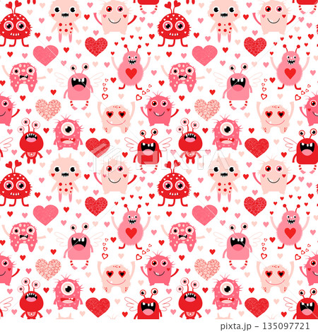Vector seamless pattern with cute pink monsters and hearts in flat styles for Valentine's Day and love themed graphic designs 135097721