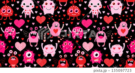 Cute vector seamless pattern with pink and red monster creatures and hearts for Valentine's Day graphic designs, kids clothing, banners and decor 135097723