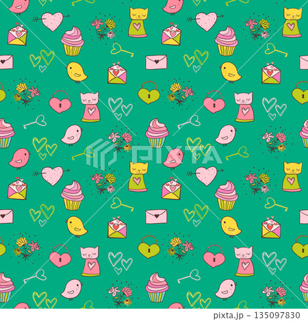 Cute and colorful vector seamless pattern with cats and cupcakes for backgrounds kid birthday invitations and children clothing 135097830