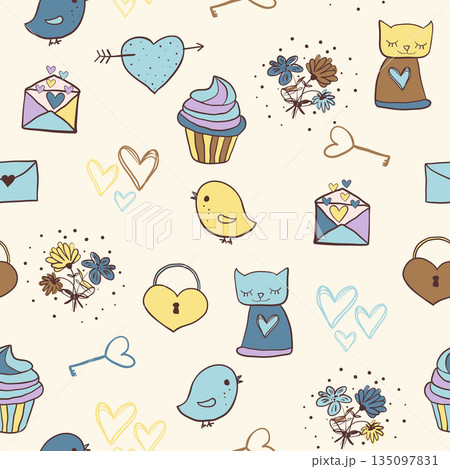 Cute hand drawn seamless vector pattern with cats, birds and other love theme doodle elements for stationery and invitations 135097831