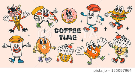 Retro food character set with groovy cartoon style coffee cups, donuts, pizza, burgers, ice cream and cupcakes in playful poses. Vibrant vector illustration for stickers, branding and fun designs. 135097964