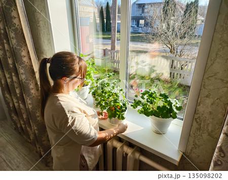 Woman standing by a sunlit window, actively caring for her houseplants on the windowsill, enjoying a hobby of indoor gardening and creating a cozy domestic life scene. 135098202