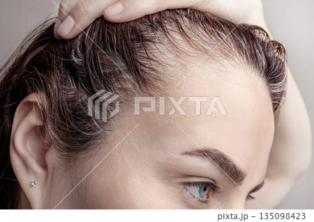 Caucasian brunette woman with gray hair. Cropped photo close up Caucasian brunette woman with gray hair. Cropped photo close up 135098423