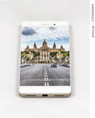 Smartphone Displaying National Palace and Road in Barcelona, Spain 135098464