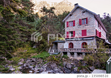 Hotel at the Pont d'Espagne Bridge in Cauterets, pine forest with mountain river, Pyrenees , France 135098510