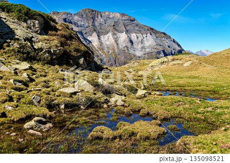 Hiking trail in Cirque de Troumouse at Heas in the Hautes-Pyrenees department in France, forming the border with Spain 135098521
