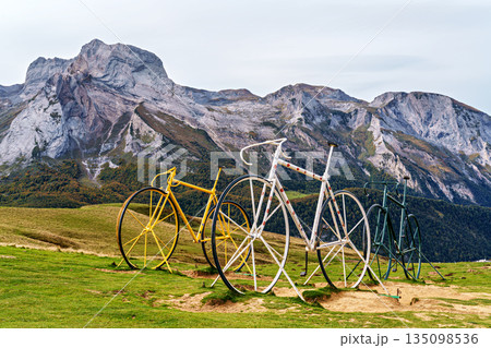 Huge bicycles in honor of the winners of the Tour de France Cycling race at the top of Col d'Aubisque in France 135098536