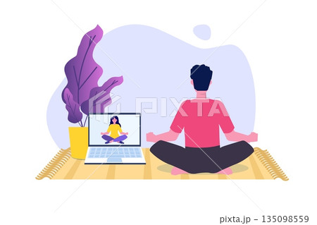Online sports tutorial, Yoga studios streaming consept. Working out at home. Vector illustration Online sports tutorial, Yoga studios streaming consept. Working out at home. Vector illustration 135098559