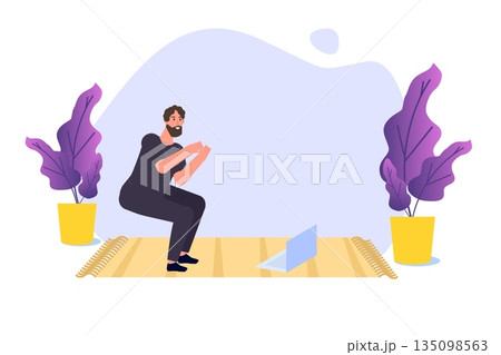 Online sports tutorial, Yoga studios streaming consept. Working out at home. Vector illustration Online sports tutorial, Yoga studios streaming consept. Working out at home. Vector illustration 135098563