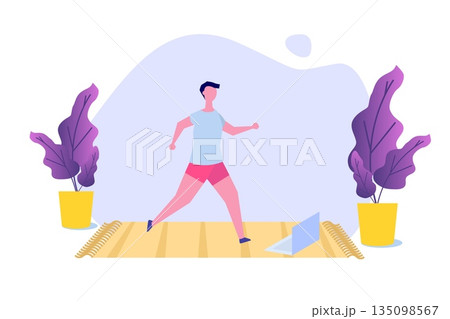 Online sports tutorial, Yoga studios streaming consept. Working out at home. Vector illustration 135098567