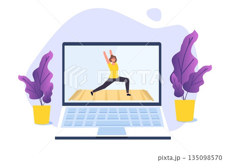 Online sports tutorial, Yoga studios streaming consept. Working out at home. Vector illustration Online sports tutorial, Yoga studios streaming consept. Working out at home. Vector illustration 135098570