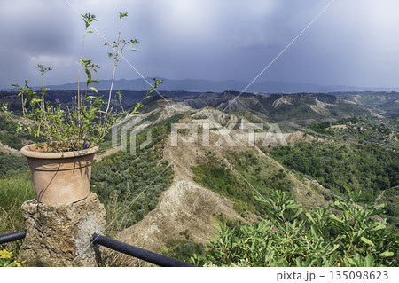 Panoramic View of Calanchi Badlands near Civita di Bagnoregio, Italy 135098623