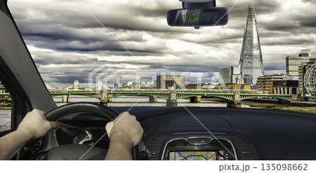 London cityscape from car with Southwark Bridge and The Shard London cityscape from car with Southwark Bridge and The Shard 135098662