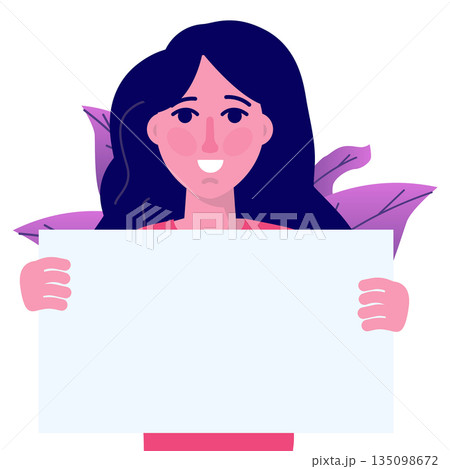 Smiling woman holding empty banner. Vector isolated illustration Smiling woman holding empty banner. Vector isolated illustration 135098672