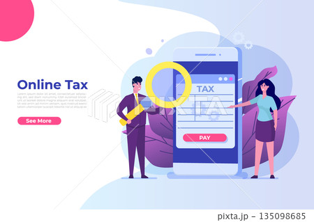 Online tax payment app concept. People filling tax. Can use for landing page template. Vector illustration Online tax payment app concept. People filling tax. Can use for landing page template. Vector illustration 135098685