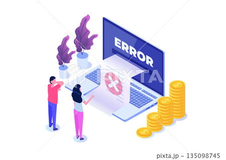Payment error info message isometric concept.  Customer cross marks failure. Vector illustration. 135098745