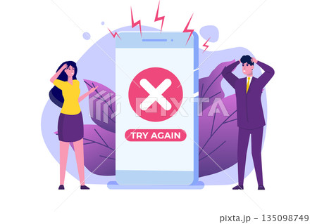 Payment error info message on smartphone. Customer cross marks failure. Vector illustration. Payment error info message on smartphone. Customer cross marks failure. Vector illustration. 135098749
