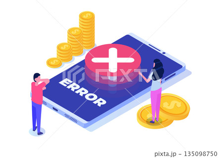 Payment error info message isometric concept. Customer cross marks failure. Vector illustration. Payment error info message isometric concept. Customer cross marks failure. Vector illustration. 135098750