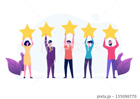 People holding gold rating star. Positive star feedback, Quality assurance survey, Customer review, Quality rating concept. Vector illustration. 135098770