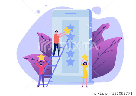 People give gold rating star to the smartphone app.Positive star feedback, Quality assurance survey, Customer review, Quality rating concept. Vector illustration. 135098771