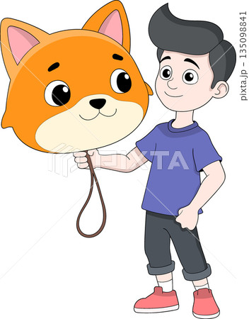 Cute Boy Holding Fox Mask Imagination Cartoon Illustration 135098841