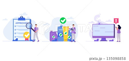 Product quality control, defective product testing and safety control. Vector illustration. Product quality control, defective product testing and safety control. Vector illustration. 135098858