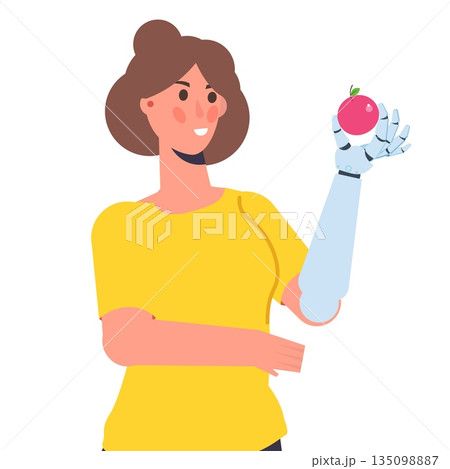 Character witth a Bionic arm or Robotic mechanical hand, Prosthesis concept. Vector isolated illustration 135098887