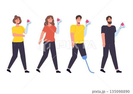 Disabled people with disabilities and prosthesis. Character witth a Bionic arm. Vector illustration 135098890