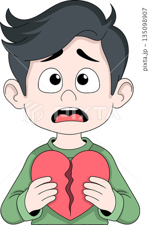 Sad Cartoon Boy Holding Broken Heart Illustration Sad Cartoon Boy Holding Broken Heart Illustration 135098907