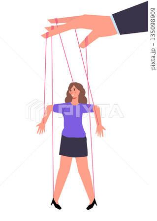 Puppet businesswoman, maniuplate people, marionette control concept, business manipulation. Vector illustration. Puppet businesswoman, maniuplate people, marionette control concept, business manipulation. Vector illustration. 135098909