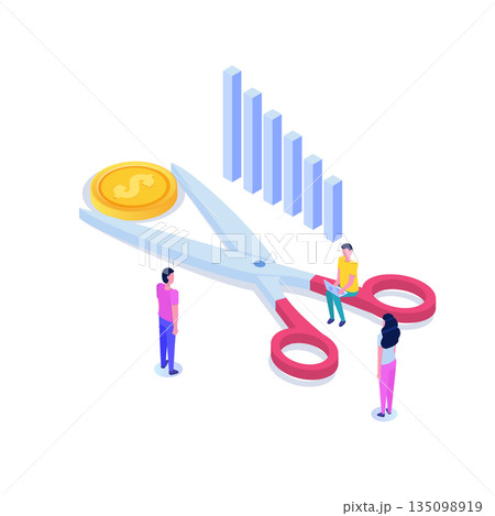 Scissors cutting dollar coin isometric concept.  Sale, Discounts symbol. Cost reduction or cut price. Vector illustration. 135098919